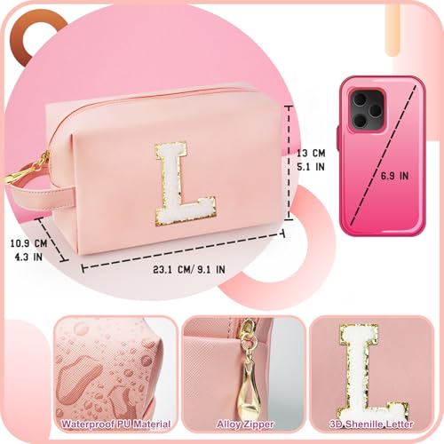 Personalized Initial Makeup Bag with Handle, Preppy Cosmetic Bag with Inner Zipper Pocket, 8 9 10 11 12 13 14 Years Old Girl, Graduation Gifts for Teen Girls Women Teachers (L, Pink) - color: Pink, style: L