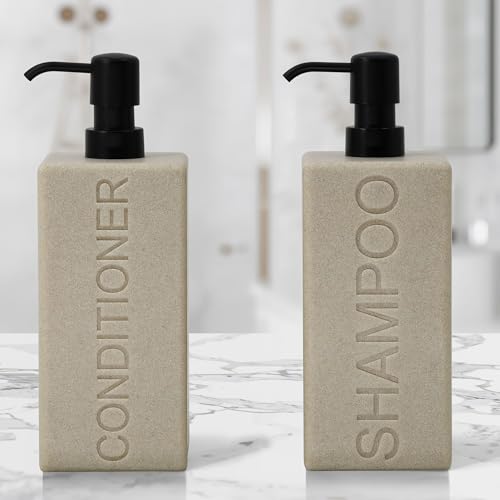Rectangular Resin Dispenser Premium Bathroom Shampoo Conditioner Body Wash Bottle Modern Refillable Pump Design - color: Tan