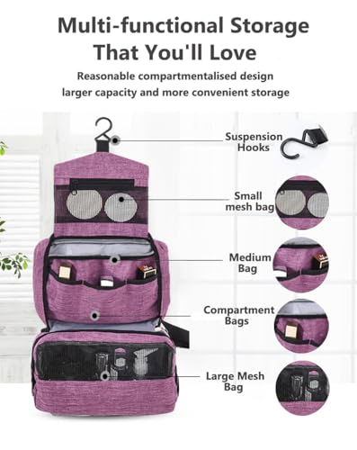Hanging Toiletry Bag, Purple, Women or Man | Wash Bag, Makeup Cosmetic Organizer, Foldable Compact Size, Super Durable Fabric - color: Purple
