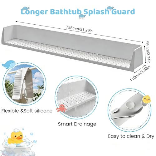 Bathtub Tray Splash Guard: Silicone Bathtub Splash Guard with Suction Cups, Bathtub Side Tray & Bath Toys Holder for Water Spill Prevention & Bathroom Storage, Grey