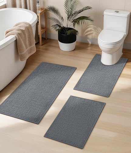YIHOUSE Bathroom Rugs Sets 3 Piece Gray, 16x24+16x24U+16x32in | Non Slip, Quick Dry, Absorbent, Washable, Fit Under Door - color: Grey, size: 16x24+16x24U+16x32