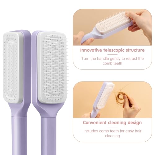 2PCS Self-Cleaning Massage Brush and Telescopic Comb - One-Click Cleaning, Rotating and Airbag Massage, Suitable for All Hair Types (Purple + Gray)