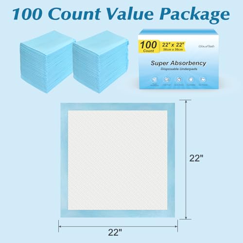 100 Count 22” x 22” Super Absorbency Disposable Underpads, Leakproof Quick Drying Disposable Pads for Baby, Puppy and Adults, Puppy Pads, Cat Pee Pads for Dogs, Potty Puppy Training Pads - size: 100 Count 22" x 22"