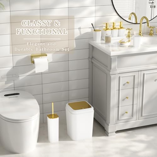 Bathroom Set - 11PC Bathroom Accessory Set, Bathroom Accessories Set, White Bathroom Set, Push-lid Trash Can, 3PC Soap Dispensers, Toilet Brush & Q-tip Holders - color: White & Gold, size: Bath Set
