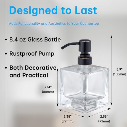 Square Bathroom Soap Dispenser Oil Rubbed Bronze, Glass Bottles with Stainless Steel Pump Retangle Cube Liquid Soap Dispenser Hand Kitchen with Waterproof Lables - color: Oil Rubbed Bronze, size: 8.4oz-Square