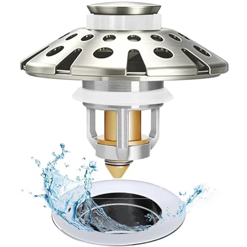 AzWzz Bathroom Sink Drain Strainer, 3 in 1 Pop Up Bathroom Sink Stopper Plug with Hair Catcher Cover, Universal for 1.06 in to 1.6 in Sink Drain, Brushed Nickel - color: Brushed Nickel, style: Bathroom Sink Stopper with Hair Catcher