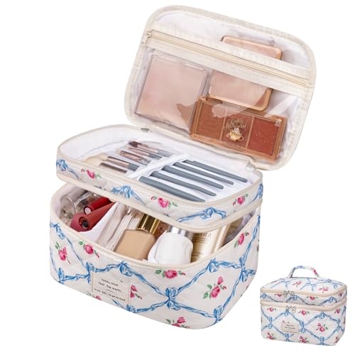 Gosect Makeup bag, Large Cosmetic Bag for Women Girls, Cute Quilted Makeup Bags, Floral Coquette Aesthetic Toiletry Bag, Travel Make Up Organizer Bag (Blue Bow) - color: 020Blue Bow