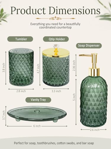 Haturi Bathroom Accessories Set, 4Pcs Sage Green Glass Bathroom Set Complete w/Bathroom Soap Dispenser Set, Toothbrush Holder, Qtip Holder, Soap Dish, Green Bathroom Decor, Gift for Home Apartment - style: Sage Green