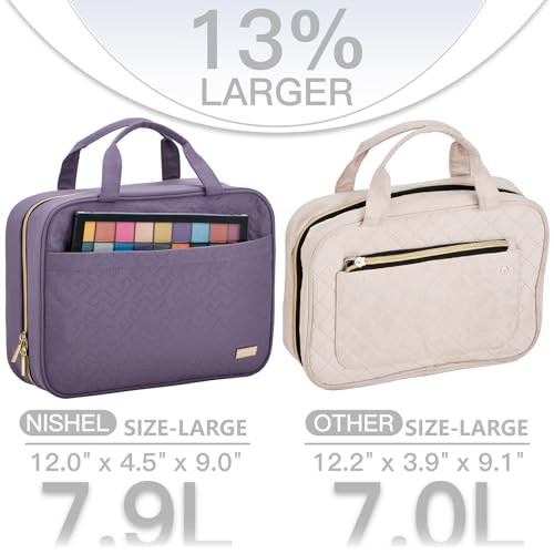 NISHEL Travel Toiletry Bag for women, Portable Hanging Organizer for Full-Sized Shampoo, Conditioner, Brushes Set, Makeup Accessories, Large Size, Purple - color: Purple, size: Large