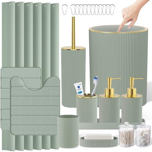 Sage Green and Gold Bathroom Accessories Set - Bathroom Sets, 25PC Bath Accessory Set, Bathroom Sets with Push Top Trash Can, Shower Curtain and Rugs, Toilet Brush, Trash Can & Soap Dispenser - color: Sage Green & Gold, size: 25-Piece Set (Accessories + S
