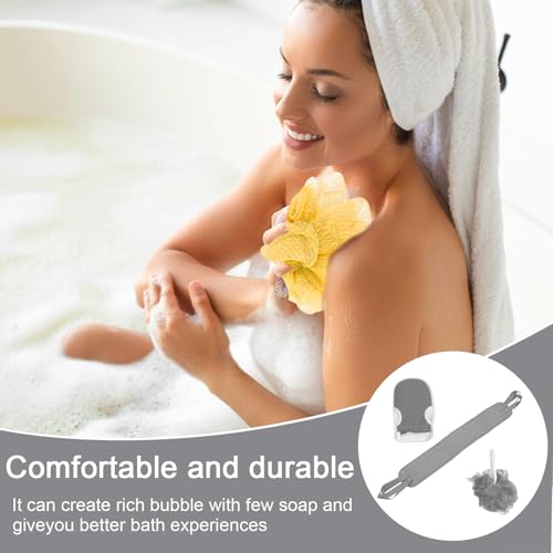 3 Pcs Exfoliating Bath Set with Back Scrubber Strap Shower Glove and Loofah Sponge for Deep Body Cleaning and Full Body Exfoliation(Grey) - color: Grey
