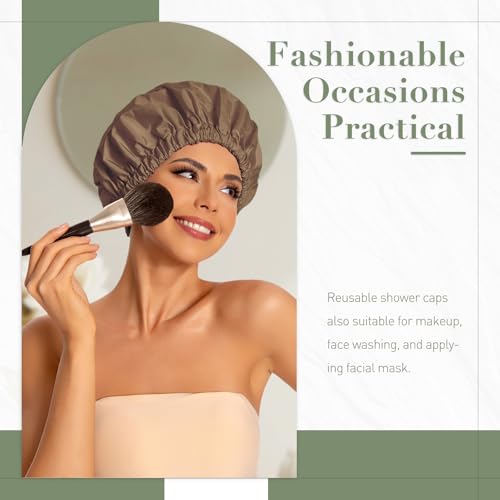 Edoneery Reusable Shower Caps for Women, Waterproof Long Hair Bonnet | Washable Design, Wide Elastic Band, Large Fit, Holds Long Hair, Braids Friendly, Bath Accessories, Spa, Travel - color: Brown