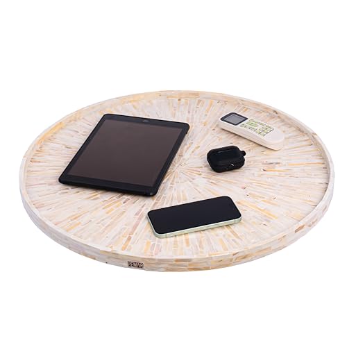 PEMAR 22" Round Mother of Pearl Extra Large Ottoman Tray with Raised Edge, Oversized Decorative Luxury Wooden Serving Tray for Food, Coffee Table, Breakfast in Bed (White Cream Sunlight)