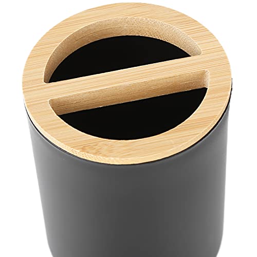 Set of 4 Complete Bathroom Accessories, Bathroom Set with Toothbrush Holder, Dish, Lotion Dispenser and Cup, in Plastic + Bamboo(Black) - color: Black
