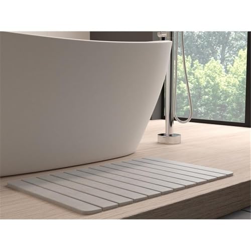 Pemberly Row Quick-Dry Diatomite Stone Bath Mat, 34x21 in, Gray, Slatted Design, Highly Absorbent, Fast-Drying for Bathroom, Non-Slip, Easy Care, Large Rollable Mat