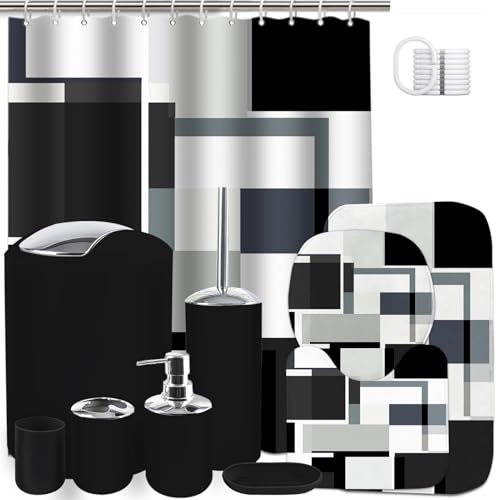 Lnond Black Bathroom Set, 23-Piece Black Geometric Bathroom Decor Set with with Shower Curtain and Rugs, Trash Can, Toilet Brush Holder Set & Soap Dispenser - style: Black Geometric