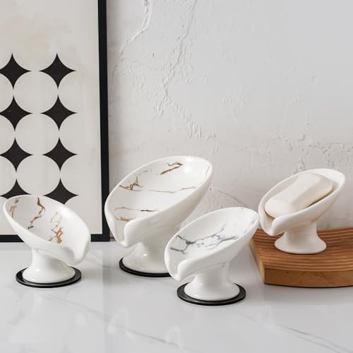 Agyiuns Soap Dish, Soap Holder Self Draining Leaf Shape Soap Dishes，White and Gold Marble Pattern Ceramic Draining Soap Tray for Shower, Bathroom Sink, Kitchen (Small Size-Marble White, 1) - color: Small Size-marble White