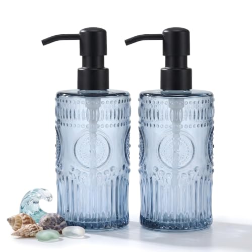 17 OZ Sunflower Embossed Glass Soap Dispenser - 2 Pack, with 304 Rust Proof Stainless Steel Pump, Glass Soap and Lotion Dispenser Set, Liquid Hand Soap Dispenser for Home, Kitchen & Bathroom (Blue) - color: Bule