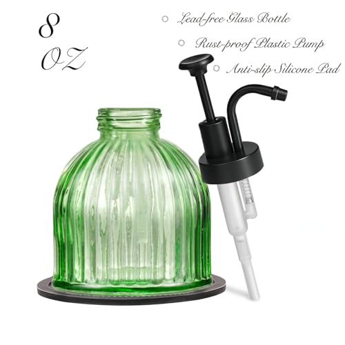 SheeChung 8 Oz Glass Soap Dispenser Bathroom, Green Liquid Hand Soap Dispenser with Pump, Refillable Dish Soap Dispenser for Kitchen, Cute Modern Stripes Lotion Bottle, Shampoo (Black Pump, 1 Pack) - color: Green-black Pump, 1 Pack