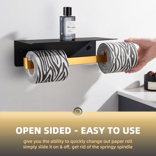 Angle Simple Double Toilet Paper Holder with Shelf, 304 Stainless Steel Bathroom Toilet Tissue Roll Holder for Wall Black and Gold - color: Black & Gold, size: Double Rod