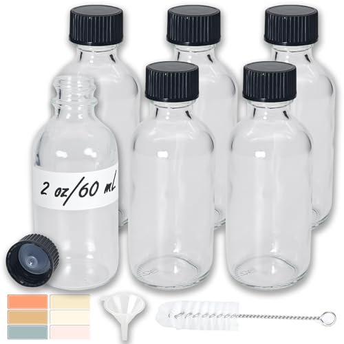 Zkupanx Glass Boston Round Shot Bottles, Leak-Resistant, 6-Pack | Borosilicate Glass; Leak-Resistant Caps; 2oz/60ml Travel Size; 6-Pack with Labels; Reusable & Dishwasher Safe