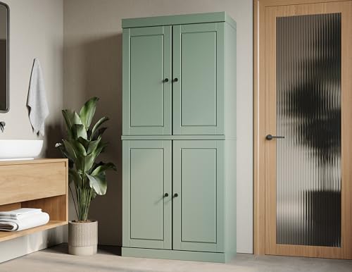 Palace Imports Solid Wood Tall Bathroom Pantry Cabinet with 4 Wooden Doors & Adjustable Shelves, Sage - 100% Eco-Friendly, Renewable, Space-Saving Storage, 71.5" H x 32" W, Made in Brazil - color: Sage