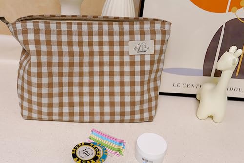 HAPPYHEIDI Khaki Gingham Cotton Makeup Bag Cosmetic Travel Pouch with Bottom, Make Up Purse Organizer, Zipper Closure, Canvas Lined… - color: SX427 Khaki Gingham Cotton