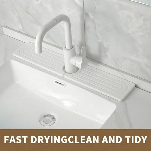Diatomite Faucet Mat for Kitchen Sink, Quick-Dry Stone-Like Sink Mat, Flat Lay Absorbent Countertop Drying Mat for Faucet Area, Hard Diatomite Mat, White, 15.8 x 4 in - color: White-D2
