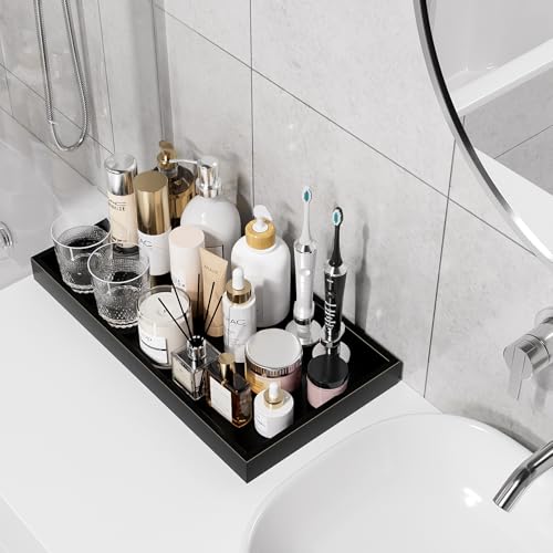 ZHWS Black Bathroom Vanity Tray for Countertop Perfume Makeup Jewelry Candle Decor, Kitchen Tray for Soap Dispenser Spice Salt, Large Black Tray for Toilet Tank Paper, Serving Nightstand 13”x6.5” - color: Black, size: 13" x 6.5" x 1.1"