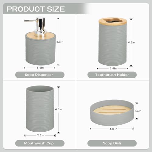 4 Pieces Bamboo Bathroom Accessories Set, Bathroom Accessory Set with Soap Dispenser and Toothbrush Holder, Soap Dish and Toothbrush Cup, Boho Bathroom Decor(Grey) - color: Grey