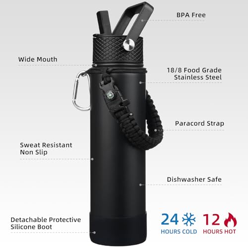 BJPKPK 27oz Insulated Water Bottles with 3 Lids, Paracord Handle & Non-slip Boot, Stainless Steel Metal Water Bottle with Straw, BPA Free Leak Proof Thermal Flasks, Tumblers,Black - color: Black, size: 27 Ounces