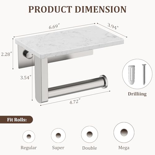 BWE Brushed Nickel Toilet Paper Holder with Marble Shelf, Toilet Paper Roll Holder Wall Mounted, Toilet Paper Roll Holder with Phone Shelf 304 Stainless Steel Tissue Holder for Bathroom Washroom - color: Brushed Nickel
