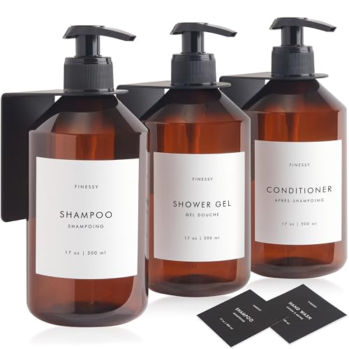 FINESSY Refillable Shampoo and Conditioner Dispenser Wall Bottles with Pump, Bathroom Body Wash Soap and Shampoo Dispenser for Shower Wall 3 Chamber No Drill, Shower Bottles Refillable with Labels - color: Luxe Amber