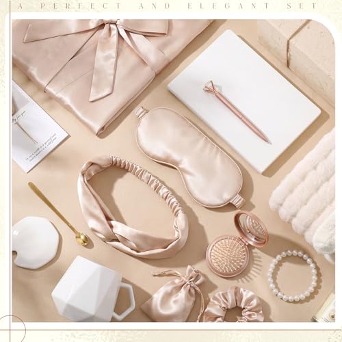 Twistover 16 Pcs Birthday Gifts for Women: Luxury Robe & Blanket Spa Gift Basket for Women -scented Candle, Mug, Notebook, Pillowcase & Spa Accessories(Champagne) - color: Champagne