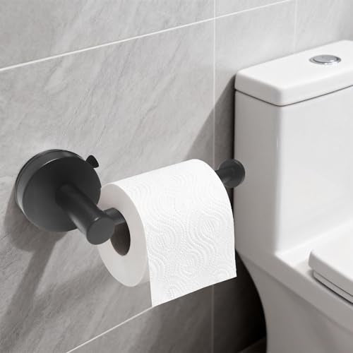 Black Removable Suction Cup Toilet Paper Holder, No Drilling Bathroom Wall Mount Tissue Roll Holder Matte Black Stainless Steel Damage-Free Easy Install & Reposition - color: Matte Black