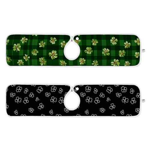 Green Checkered Tiny Clovers Line Sink Mat for Faucet Sink Splash Guard Faucet Handle Drip Catcher for Kitchen Bathroom Absorbent Microfiber Dish Drying Mat with 1 Hole 2pcs L - color: Green Checkered Tiny Clovers Line, size: 30x5.5in x2