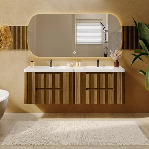 ONBRILL Modern Bathroom Vanity with Sink Combo, Curved Floating Bath Vanity with 2 Drawer, Wall Mount Bathroom Vanities with Integrated Ceramic Sink for Small Space, Apartment (Walnut, 32“) - color: Walnut, size: 32“