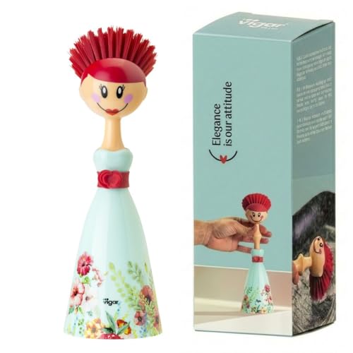 Vigar Dolls Dish Brush With Holder - Kitchen Scrub Brush For Dishes, Dish Scrubbing Brush With Handle, Sink Scrub Brush for Pot and Pan, Dish Brush With Stand, Cute Decorative Doll Design - Green, Red - color: Green, Red
