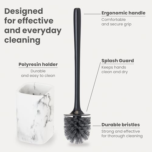 Vigar Zense Toilet Brush and Holder Set - Toilet Bowl Brush and Holder, Polyresin Stone Bathroom Accessory, Compact Toilet Cleaner Brush for Bathroom Decor and Toilet Accessories Set - White Marble - color: White Marble