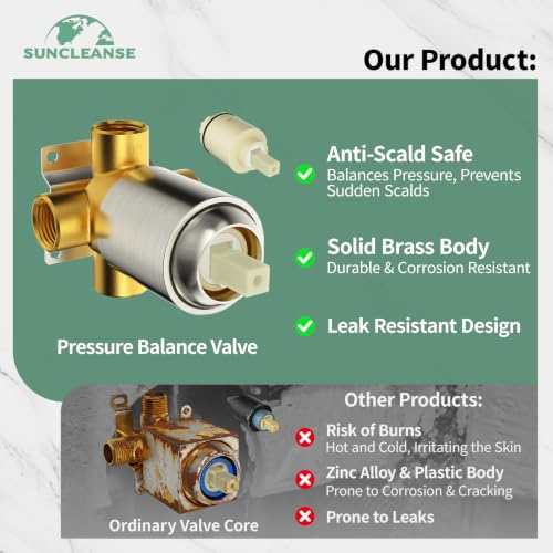 SunCleanse Tub Shower Faucet Set with Pressure Balance Valve, 8-Inch Rain Shower Head and Tub Spout, Single-Handle Shower Trim Kit, Shower Head and Handle Set for Bathroom, Brushed Nickel - color: Brushed Nickel