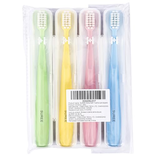 SUREE Extra Soft Toothbrush for Sensitive Teeth, Upgraded 10000 Ultra Soft Bristles for Adults & Elders, Manual Travel Toothbrush with Individual Portable Case (4 Pack) - style: 4 Packs with Travel Cases