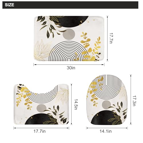 Riyidecor Boho Black Gold 4Pcs Shower Curtain Set with Toilet Lid Cover and Non-Slip Rugs, Mid Century Modern Minimalist Bathroom Decor Set，Abstract Contour and Bath Mat with 12 Hooks - color: 03black Gold
