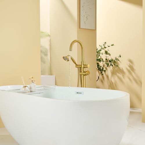 Wowkk Tub Filler Freestanding Bathtub Faucet Brushed Gold Floor Mounted Brass Bathroom Tub Faucets with Hand Shower - color: Brushed Gold