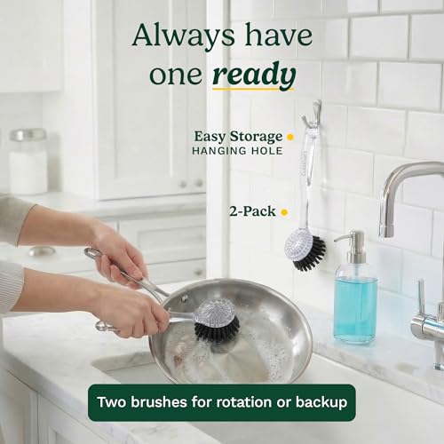 Cuisinart Dish Brush with Handle, 2 Pack, Firm Bristles | Multi-purpose dish scrubber for plates, pots, and pans, deep cleaning removes grease, safe for nonstick, round head - color: Round- Black