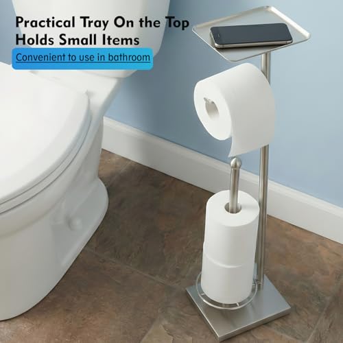 Toilet Paper Holder with Shelf, Toilet Paper Stand with Storage for Holding Extra 3 Rolls, Freestanding Toilet Paper Holder for Bathroom (Brushed Nickel with Metal Base) - color: Brushed Nickel With Metal Base