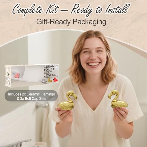 Ceramic Flamingo Toilet Bolt Covers Decorative, Gold Bathroom Decor, 2 Pack | Bolt Hole 1.18'', Covers Ugly Toilet Bolts, Bathroom Screw Covers, Gifts for Women - style: Gold Flamingo
