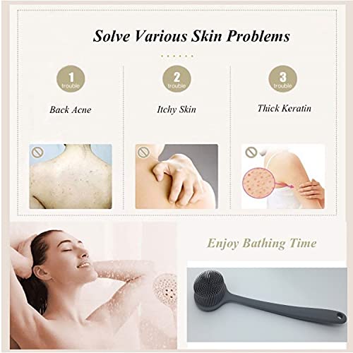 Long Handle Silicone Body Scrubber for Shower, Dual-Sided Back Scrubber Brush with Soft Bristles&Massage Nodes, Exfoliating Bath Brush for Hard to Reach Areas, Easy to Clean & Quick Dry, for Daily Use - color: Gray