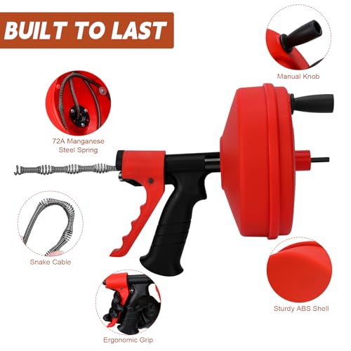 35 FT Double Mode Drain Snake Tools, 11-in-1 Drain Auger for Sink and Drain Unblocking, Plumbing Snake for Kitchen, Bathrom and Shower Sink, Snake for Real DYIs (Red) - color: 35ft-red&black