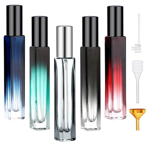 Segbeauty 0.34oz Refillable Perfume Bottle Travel, 5 Pack Glass Spray Bottles for Perfume, 10ml Empty Mini Fine Mist Cologne Travel Bottle, Portable Cologne Sprayer Atomizer with Refill Tool Kit - color: Black Blue Red Green Gray, style: Mini Bottle Set