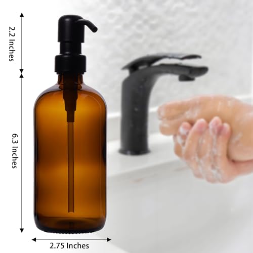 Diahom Soap Dispenser Amber Glass Hand Dish Soap Dispensers 1pcs Stainless Steel Pump 16 Oz for Kitchen Sink Countertop Bathroom